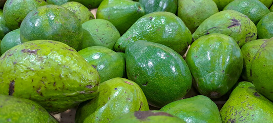 Green avocado on the market view from above. Many Avocado texture background pattern
