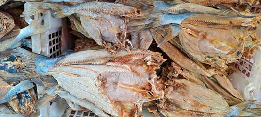 Close up of Dried fish for sale in Thai market.	
