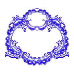 Vector decorative circular pattern blue and white design with frame or border. Baroque Vector mosaic. Traced watercolor. - 784880732