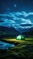 Fototapeta na wymiar Serene Camping Retreat: A Green Tent Nestled in the Lush Grassland