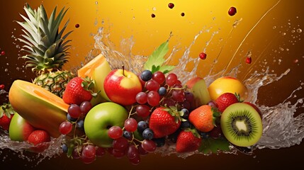 A Spectacular Display of Various Fresh Fruits with a Dynamic Water Splash Background