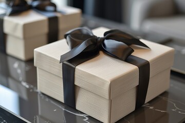 A close up of a white gift box with a black ribbon wrapped around a bow on top of it.