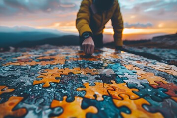 A man assembles a puzzle on a mountaintop at sunset.