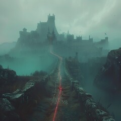Mystical Medieval City: A First Person Journey Through a Dreamy Mist-Laden Dreamscape - obrazy, fototapety, plakaty