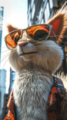 A cool cat wearing sunglasses and a leather jacket is standing in the middle of a city street looking like he owns the place.