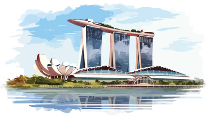 Watercolor sketch of Singapore marina bay sands in - obrazy, fototapety, plakaty