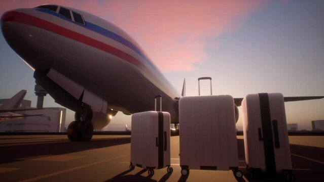 Suitcases Standing On Airstrip In Front Of An Airplane During A Evening. Brand New, White, Extremely Wealthy People Business Travel Class