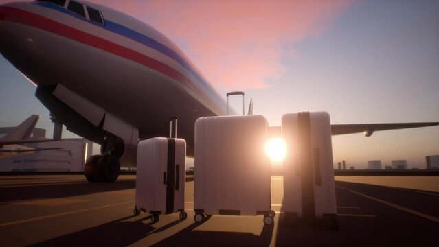 Suitcases Standing On Airstrip In Front Of An Airplane During A Evening. Brand New, White, Extremely Wealthy People Business Travel Class