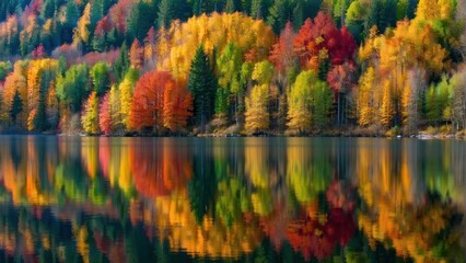 Fototapeta premium Reflection of autumn forest in calm lake waters