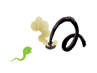 Obraz premium 煙を出しながら燃えるヘビ花火と可愛い蛇のイラスト