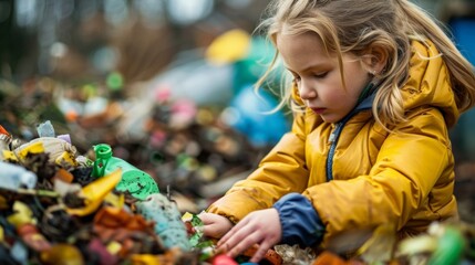 A closeup shot of a young child carefully separating plastic waste from a pile of biomass demonstrating the importance of proper waste management from a young age. .