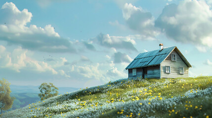 A small house nestled on a hill is depicted - Powered by Adobe
