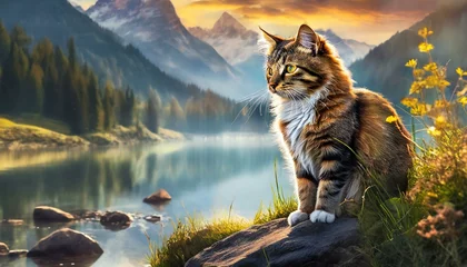 Fotobehang Gato domestico en la naturaleza, paseando un gato al lado del río, precioso gato mirando el horizonte en la naturaleza © Micaela