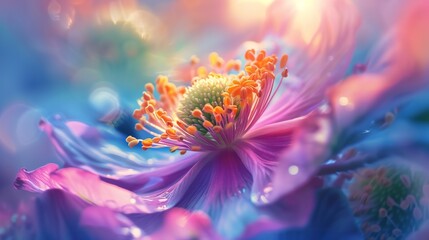 Close up of abstract, vibrant flower bloom, spring aura, soft focus, bright lighting 