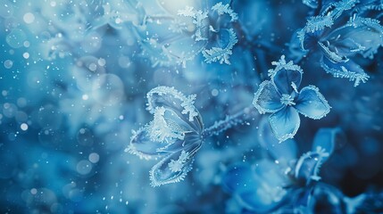 Zoom on abstract floral, winter theme, frost edges, cool hues, diffused backlight  - obrazy, fototapety, plakaty