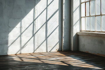 Empty White Wall and Wooden Floor with Window Rays Glare