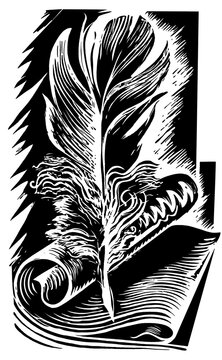 illustration of feather and text on paper