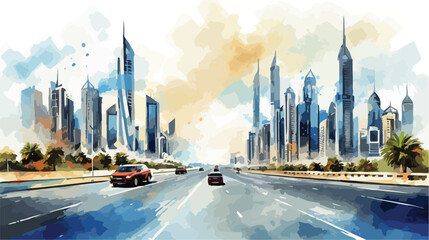 Watercolor splash with sketch of Sheikh Zayed Road