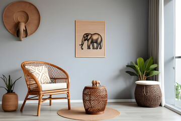 Stlish interior of living room with rattan armchair, wooden stool, elephant figure and decoration in modern home decor. Copy space. Template. - obrazy, fototapety, plakaty