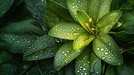 Fototapeta premium Close up of abstract flower, nature-inspired, dew drops, morning light, lush greenery