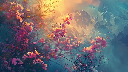 Fototapeta na wymiar Close view, abstract blossom, mountain inspired, crisp air colors, dawn lighting 