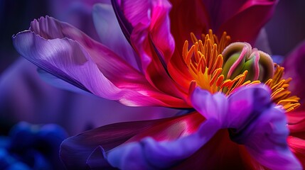 Close shot, abstract floral, avant-garde twist, bold contrasts, dramatic lighting, intense colors