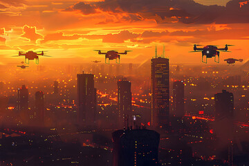 Futuristic Taxi Drones Soaring Above a Tranquil Cityscape at Dusk