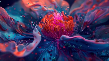 Close-up, groundbreaking abstract flower, neon splash, midnight canvas, innovative focus 