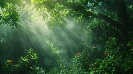 Tight angle on bloom, forest canopy theme, lush greens, sunbeam filters, serene focus
