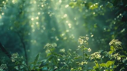 Tight angle on bloom, forest canopy theme, lush greens, sunbeam filters, serene focus 