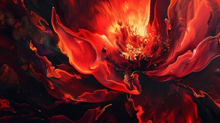Close shot, abstract floral, volcanic energy, fiery reds and blacks, dynamic lighting 