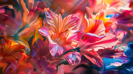 Tight shot, floral abstract, brush strokes effect, vibrant palette, glossy finish, daylight 