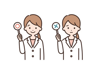 丸とバツのふだを持つ白衣姿の女性のイラスト＿上半身