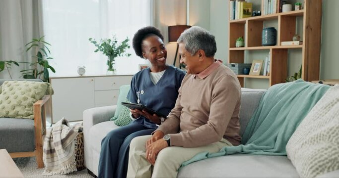 Tablet, healthcare and black nurse in home by senior man, internet and communication on wellness on sofa. African caregiver, elderly person and technology for learning and help in chronic illness