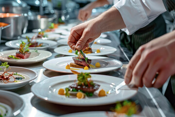 Obraz na płótnie Canvas Art of Presentation: Chef's Hands Plating Lavish Dishes for Catering—A Focus on the Color and Texture of Food for Gourmets