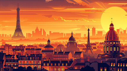 An illustration depicts Paris in a sunset capture - Powered by Adobe