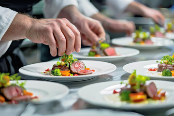Obraz na płótnie Canvas Art of Presentation: Chef's Hands Plating Lavish Dishes for Catering—A Focus on the Color and Texture of Food for Gourmets