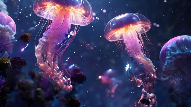 Glowing jellyfish like creatures drifting under the sea