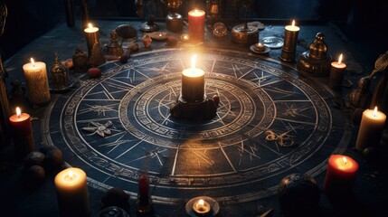Enchanting Ritual: A Sacred Circle Illuminated by Candles and Ancient Symbols - obrazy, fototapety, plakaty