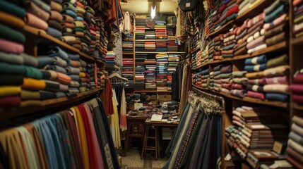 The inside of a tailors shop reveals a dizzying array of measuring tapes scissors and fabric swatches all meticulously organized and ready for use. . - obrazy, fototapety, plakaty