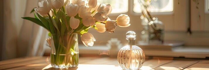 Essence of Spring: Perfume and Tulips in Sunlit Serenity