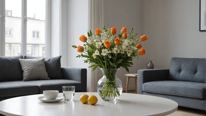 Simple home interior decoration, vase of flowers on a table in the interior of modern apartment