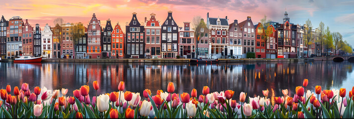 Vibrant Dutch Houses and Tulips Along Tranquil Canal Blending Old With the New - obrazy, fototapety, plakaty
