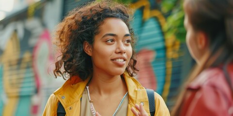 Engaged mixed-race young woman in animated conversation, with colorful urban graffiti in the background.