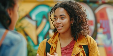 Engaged mixed-race young woman in animated conversation, with colorful urban graffiti in the...