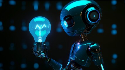 a 3D-rendered robot with a blue glossy body holding a light bulb that is illuminated.