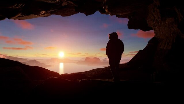 Adventurous Man Hiker Standing In A Cave With Rocky Mountains In Background. Adventure Composite. 3D Rendering Peak. Lake. Sunset Cloudy Sky