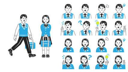 ベストやブレザーを着た中学生。シンプルなベクターイラストセット。
Middle school students wearing a vest or blazer. Simple vector illustration set.