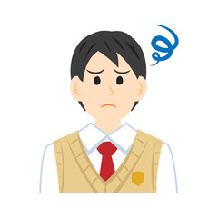 ベストを着た悩む中学生の顔。フラットなベクターイラスト。
Face of a troubled middle school student wearing a vest. Flat vector illustration.