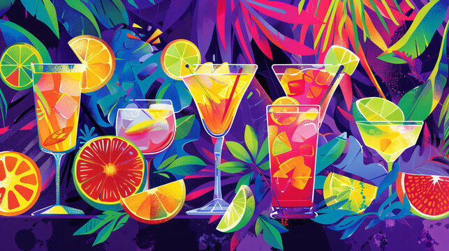 Happy hour cocktails are depicted in the vibrant